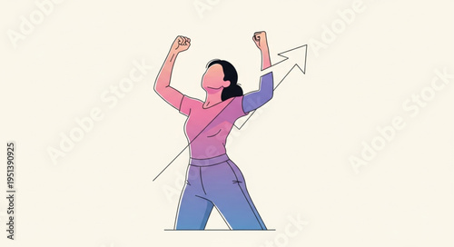 Woman celebrating with raised arms and microphone.