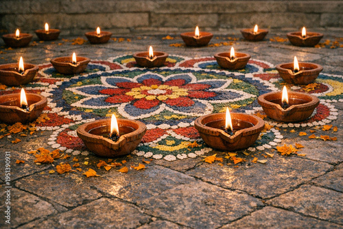 Traditional Diwali Terracotta Diyas with Rangoli and Marigold Petals