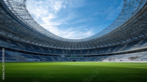 Large sports stadium with green field and open roof under blue sky