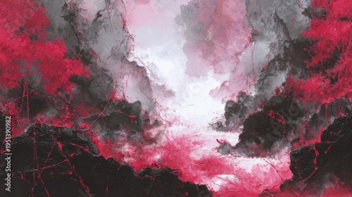 Abstract red and black textured landscape with marbled details