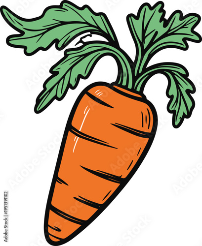 Colorful bold line art sticker of a carrot with crooked leafy top, uneven lines, naive drawing style, white background 3