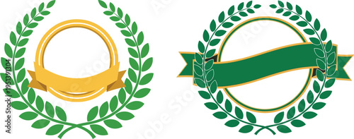 "Laurel Wreath Badge Designs with Gold and Green Ribbons for Awards and Certificates"