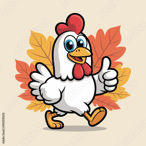 Happy Cartoon Chicken Giving Thumbs Up with Autumn Leaves Background Stock Illustration