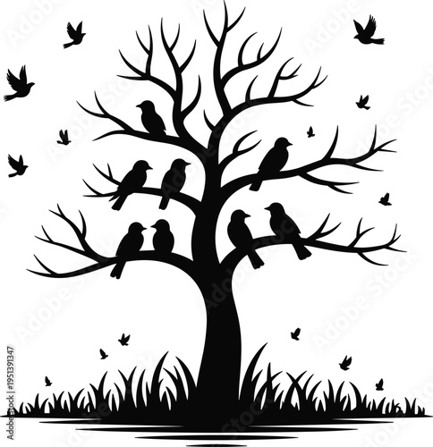 Silhouettes of birds perched on bare tree branches against white background