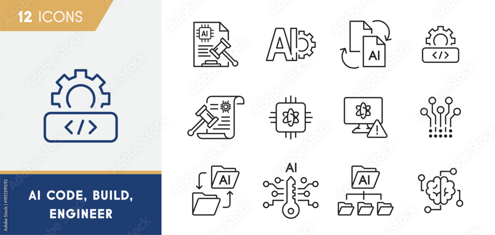 Fototapeta premium AI Code Development And Machine Learning Engineering Line Icons Set
