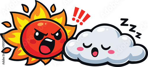 Angry Sun Yelling at Sleeping Lazy Cloud Cartoon