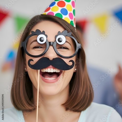 Woman Wearing Funny Photo Booth Props with Mustache Glasses and Party Hat Smiling at Camera