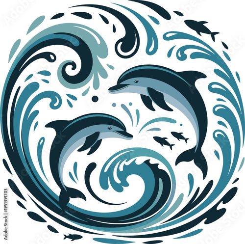 Dolphins swimming in swirling ocean waves abstract marine life illustration