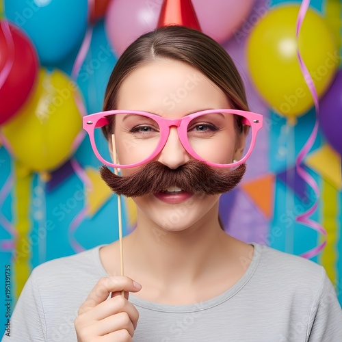 Woman Wearing Pink Glasses and Fake Mustache at Colorful Birthday Party with Balloons and Streamers