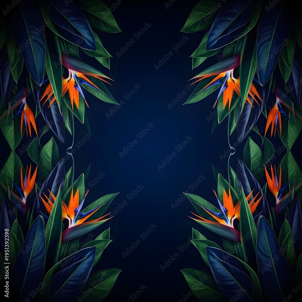 Fototapeta premium Vibrant tropical bird of paradise flowers and leaves on dark blue background