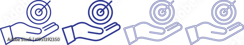 Four blue line art illustrations of hands holding targets with arrows in bullseye  business concept for goals and objectives