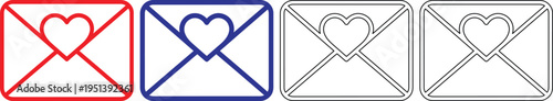 Four colored envelope icons with heart shapes inside  representing love and affection through communication