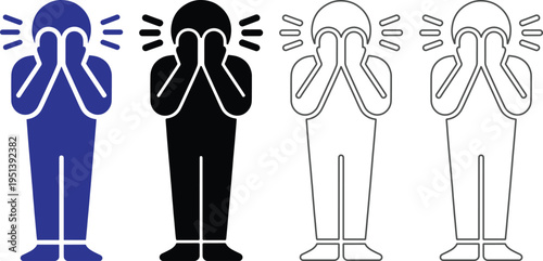 Four people covering their faces with their hands in different colors on white background