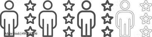 Gray line icons of people with stars for rating and feedback on transparent background