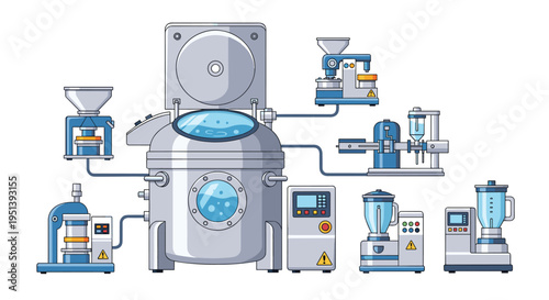 A large industrial reactor vessel is surrounded by multiple smaller processing machines, blenders, and control panels interconnected by pipes.