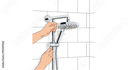 Two hands are shown adjusting a chrome showerhead on a vertical bar against a white tiled bathroom wall.