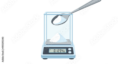 A white powdered substance is precisely measured from a spoon into a digital analytical balance displaying 0.1234g.
