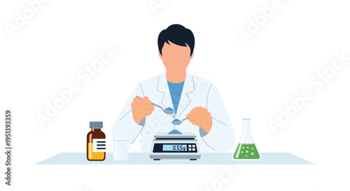 A scientist in a lab coat precisely measures a powdered substance onto a digital scale using two spoons.