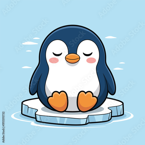 Cute cartoon penguin meditating on ice floe peaceful expression vector illustration
