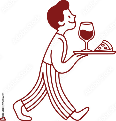 A friendly server carries a tray with delicious pizza and a glass of red wine walking to guests