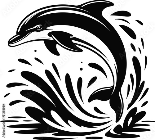 Black Silhouette Dolphin Jumping Out of Water Splash Stylized Marine Mammal