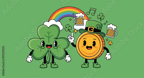Clover and Beer Barrel Cartoon Characters Celebrating St. Patricks Day