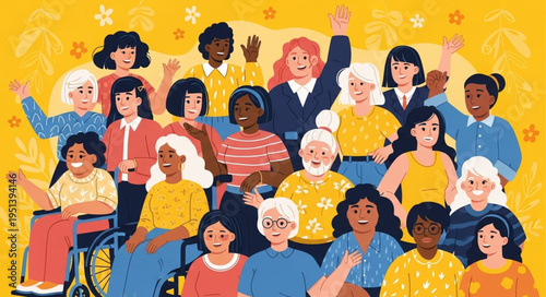 Diverse group of women smiling and waving together.