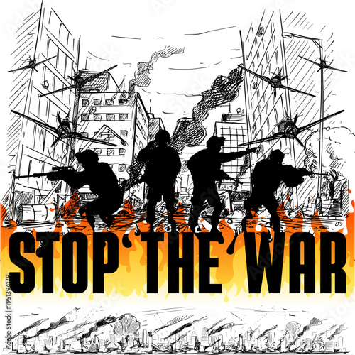 Dramatic Vector Poster Design Declaring 'Stop the War' Against a War Backdrop