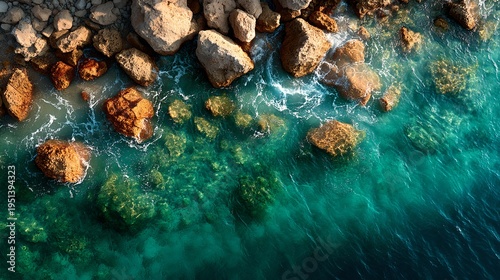 A breathtaking aerial view of rocks, crystal clear water. Rocks and the ocean create a beautiful contrast