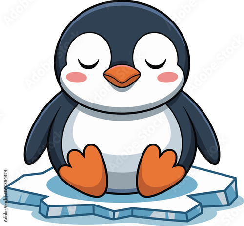 Cute cartoon penguin meditating on ice floe closed eyes peaceful expression vector illustration