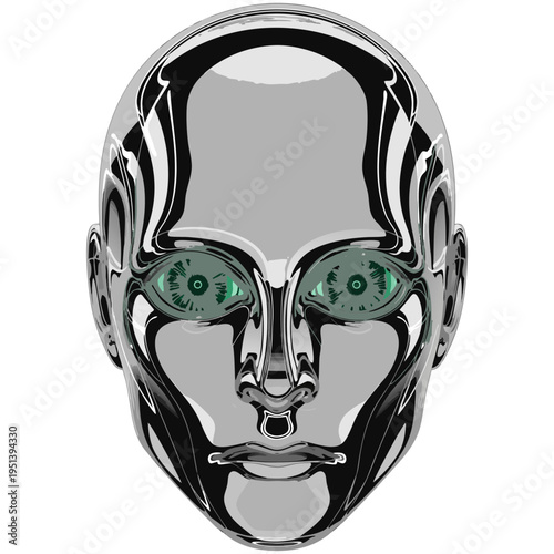 Robot with skull and crossbones on green screen background.