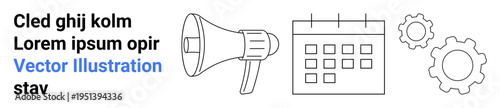 Marketing, event planning, social media strategy, project management, scheduling, and teamwork. Includes megaphone, calendar and gears. Marketing and event planning concepts are