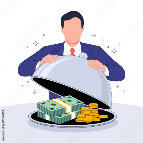 Businessman presenting money on a silver serving dish  wealth and finance concept