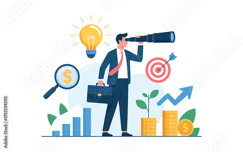 Businessman with briefcase looking through telescope at target with bullseye and financial growth symbols