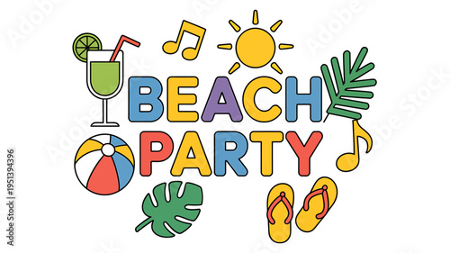 Colorful beach party text with summer icons and transparent background