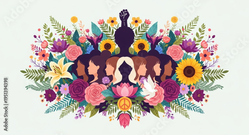 Diverse Women Faces Silhouette Surrounded by Flowers and Leaves.