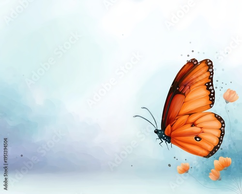 Butterfly hovers in the air near flowers in a soft blue setting during daylight hours