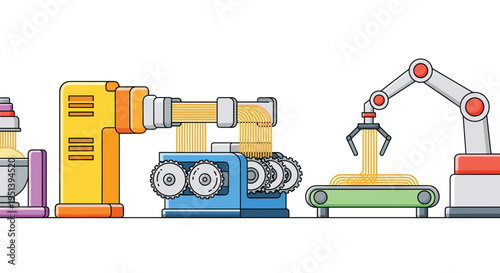 An automated pasta production line features a mixer, extruder, cutting machine, conveyor belt, and robotic arm on a clean white background.
