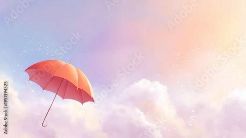 Casual hold of closed umbrella against colorful sky with clouds in daylight near a serene landscape