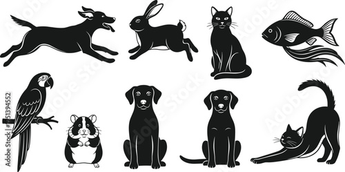 Animal Silhouette Collection Featuring Dog, Cat, Rabbit, Fish, Parrot and Hamster Icons in Various Poses Isolated for Pet Care, Wildlife, Veterinary and Nature Design