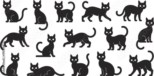 Black cat silhouette vector set, cute feline poses collection isolated on light background for Halloween and design use