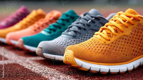 A row of colorful running shoes. These sneakers are perfect for any runner