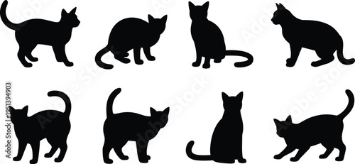 Cat silhouette vector collection, stylish feline poses black icons set isolated on light background for branding and graphic design