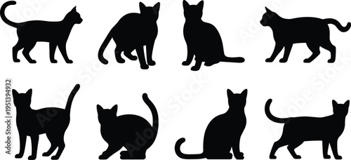 Cat silhouette vector set, modern feline poses black icons collection isolated on light background for creative design use