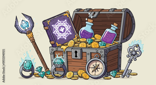 Fantasy Treasure Chest Vector Illustration with Gold Coins, Magic Book, Potions, Rings, Staff, Compass, and Ornate Key on Light Background