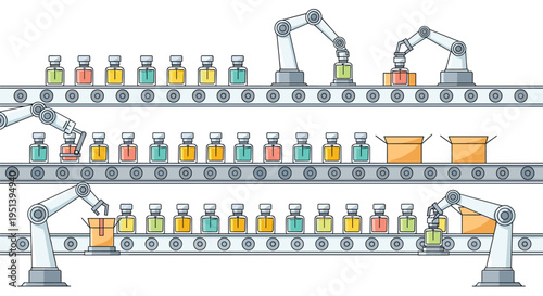 A complex packaging line with three conveyor belts and four robotic arms sorts and places colorful bottles into cardboard boxes.