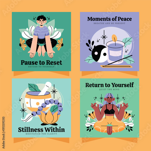 Four Meditation Themed Square Poster Designs Flat Cartoon Style