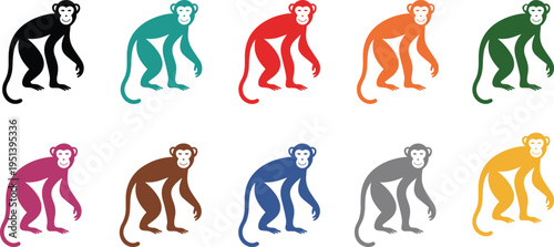 Colorful monkey silhouettes set in multiple variations isolated on white background for mascot logo design, playful animal icons and branding
