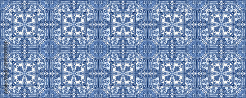 Vector decorative pattern blue and white design with frame or border. Baroque Vector mosaic. Traced watercolo. Capri Majolica