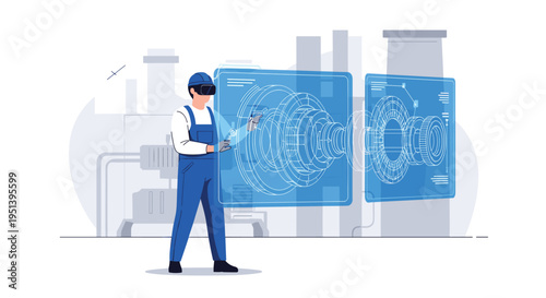 A male engineer in a blue jumpsuit and VR headset interacts with holographic schematics of machinery in an industrial factory setting.
